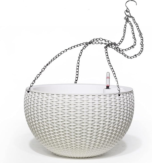 Dexceder 10.5 Inch Self Watering Hanging Planter (White) | Thickened Large Hanging Basket Flower Plant Pot with Water Level Indicator Indoor Outdoor
