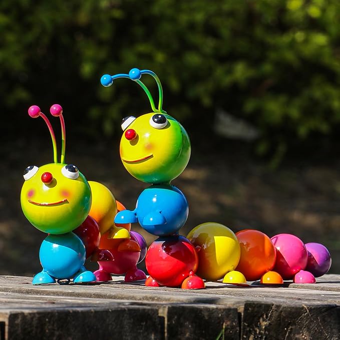 Cruis Cuka Metal Caterpillar Statue Yard Art Garden Decor for Outside Patio Lawn Ornaments Fence Decorations Family,Friends,Garden Lovers - Set of 2(Colorful NEW)