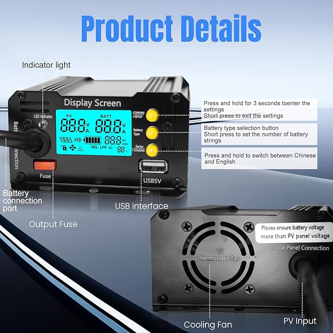 1000W SmartSolar MPPT Boost 24V/36V/48V/60V/72V MPPT Solar Charge Controller LCD Display Solar Panel Regulator for Sealed Flooded AGM Gel LFP User Batteries, Ideal for Golf Carts Electric Vehicles RVs