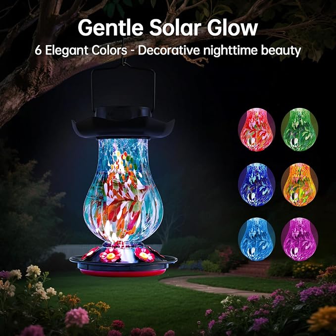 DesGully Solar Hummingbird Feeder for Outdoor - 25 fl.oz Hand Blown Glass Hummingbird Feeders for Outdoors Hanging, Large Capacity with Moat, 6 Colors Changing Light Outside Garden Decor (Blue)
