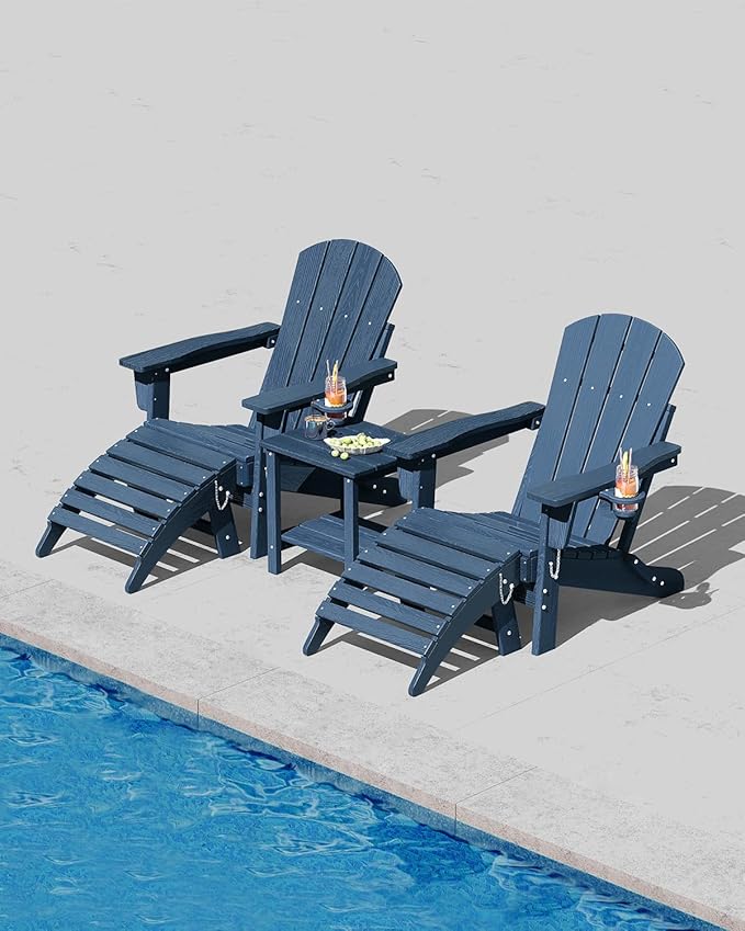 GarveeLife Folding Adirondack Chair Set of 2 with Ottoman, All-Weather HDPE Outdoor Chair, Wooden Textured with Cup Holder for patios, Decks, Gardens, fire pits, Navy Blue