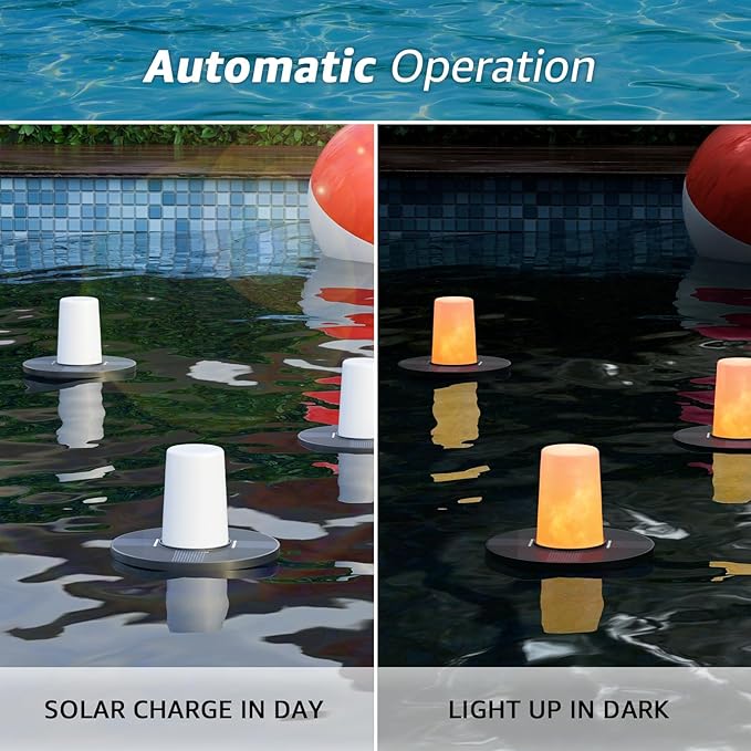Solar Floating Pool Lights 2-Pack, 3.8” Small Floating Flickering Candles for Pools, Pond, Garden & Outdoor Decor, IP66 Water-Resistant, Auto Dusk-to-Dawn, 8-Hour Ambient Lighting