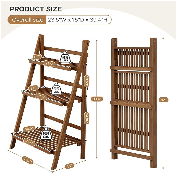 39.4" Bamboo Ladder Shelf Plant Shelf, 3 Tier Foldable Ladder Flower Pot Display Shelf Rack, 23.6"W x 15"D x 39.4"H, Freestanding Bookshelf for Garden, Balcony, Yard, Patio, Lawn, Living Room, Walnut