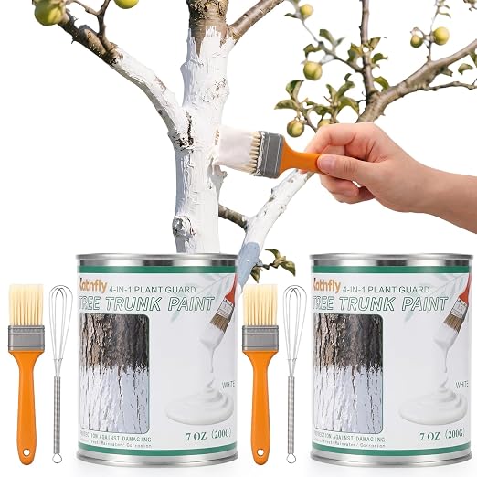 Kathfly 2 Pack Tree Paint Kit Tree Whitewash Trees Trunk Protection with Tinplate Container Whisk Brush for Fruit Nut Ornamental Trees Sapling Garden Yard Orchard (7" Whisk,Regular Classic Brush)