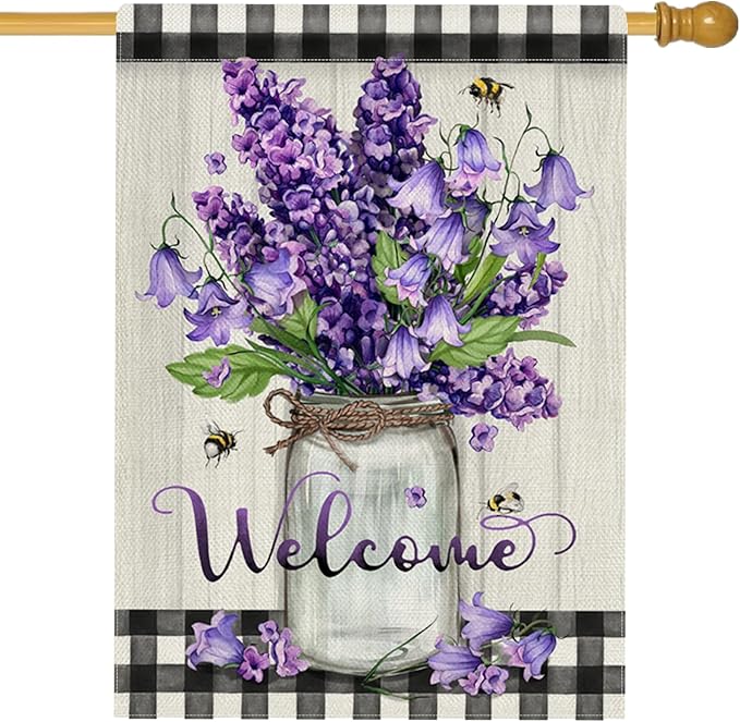 Hzppyz Welcome Spring Summer Floral Flower House Flag Double Sided, Hyacinth Canterbury Bells Decorative Garden Yard Outdoor Large Decor, Mason Jar Plaid Farmhouse Home Outside Decoration 28 x 40