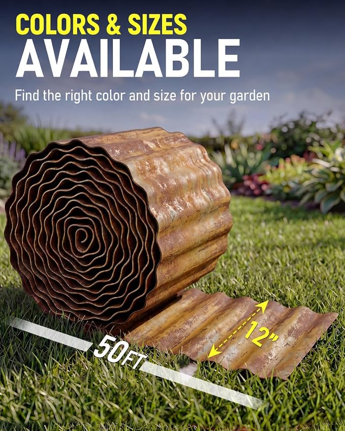 Corrugated Metal Garden Edging, 12"×50Ft Durable Landscape Border for Garden, Lawn, Flower Beds and Paver Edging (Rusty)
