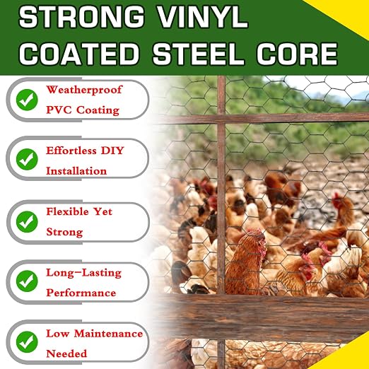 Premium Black Chicken Wire Fencing 48inx150ft, PVC Coated Chicken Wire, Poultry Netting, Galvanized Chicken Wire Barrier for Floral Arrangements/Craft Projects/Pet/Rabbit
