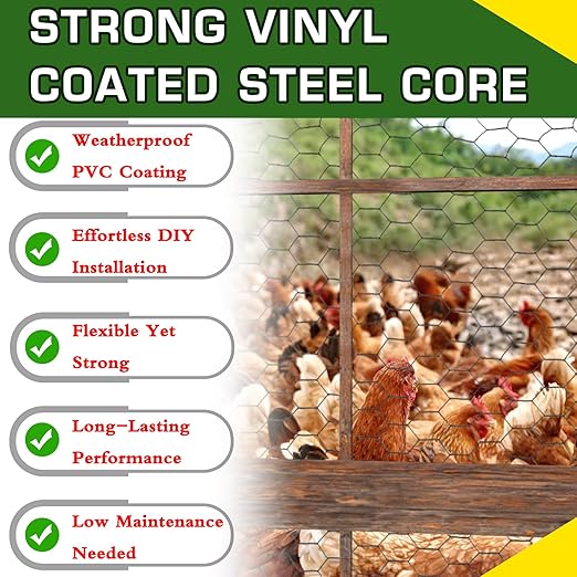 Premium Black Chicken Wire Fencing 24inx150ft, PVC Coated Chicken Wire, Poultry Netting, Galvanized Chicken Wire Barrier for Floral Arrangements/Craft Projects/Pet/Rabbit