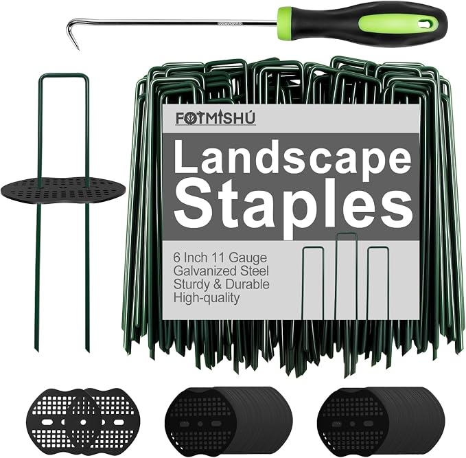 Landscape Staples 6Inch 50pcs Garden Stakes + 50pcs Gasket, Lawn Pins with Spray Coating Craft, 11Gauge Anti-Rust Ground Yard Spikes Anchoring for Outdoor Tents Irrigation Hoses (Green)
