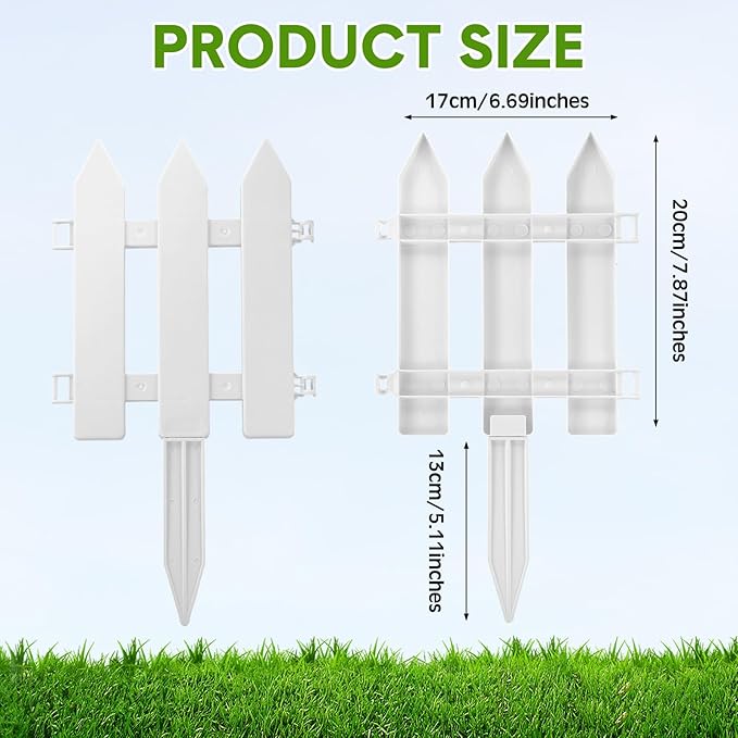 24 Pack White Garden Fence with 24 Insert Lawn Picket Fence Garden Border Decorative Plastic Panels for Landscape Path Flowerbeds Plant Yard, 6.69'' L x 7.87'' H
