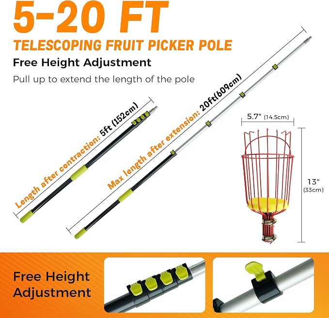 5-20FT Fruit Picker Pole Tool, with Basket Long Handle Adjustable Telescoping Pole, for Mango, Apple, Lemon, Orange, Avocado Fruit Tree Picking