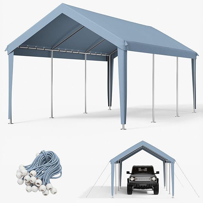 12 x 20 Ft Carport Replacement Cover, Heavy Duty Outdoor Car Tarp Canopy, Waterproof & UV Protected Tear Oxford Tarp with Ball Bungees (Frame is Not Included)