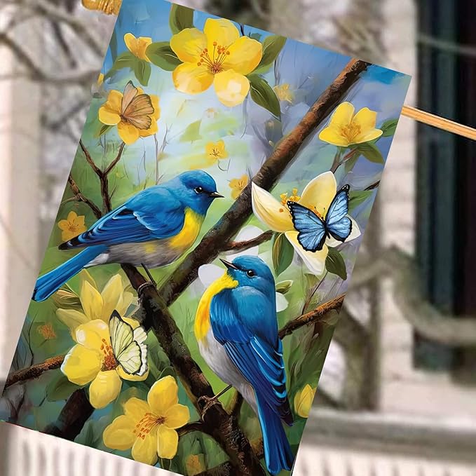 Large Spring Summer House Flags 28x40 Double Sided Bluebird Garden Flag Floral Birds Flag for Outside Porch Yard Outdoor Flower Garden Decor