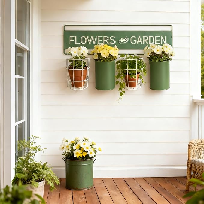 Vintage Metal Hanging Flower Pot Rustic Wall Mounted Planter, Decrative Farmhouse Plants Holder Succulents Tubs for Garden Railing Fence Patio Yard Outdoor Decor