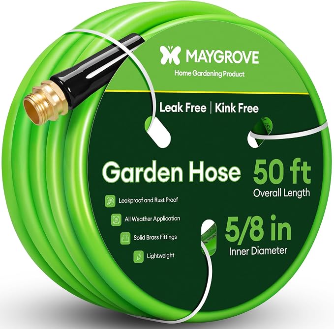 Maygrove 50 ft Garden Hose, 5/8 in ID, Heavy-Duty, Leakproof, Kink-Resistant Water Hose with Swivel Brass Fittings, 600 PSI Burst Rating, Ideal for Car Wash & Lawn Watering