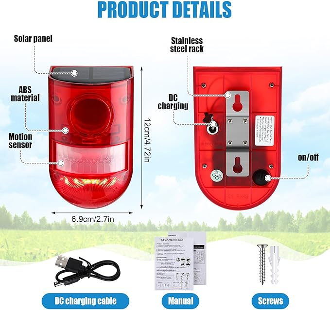 Qualirey Solar Sound and Light Alarm Motion Sensor 129db Outdoor Security Siren Waterproof Activated Detector Driveway Alarm 6 LEDs Flash Warning Deterrent Strobe System for Home, Farm(Red,2 Pack)