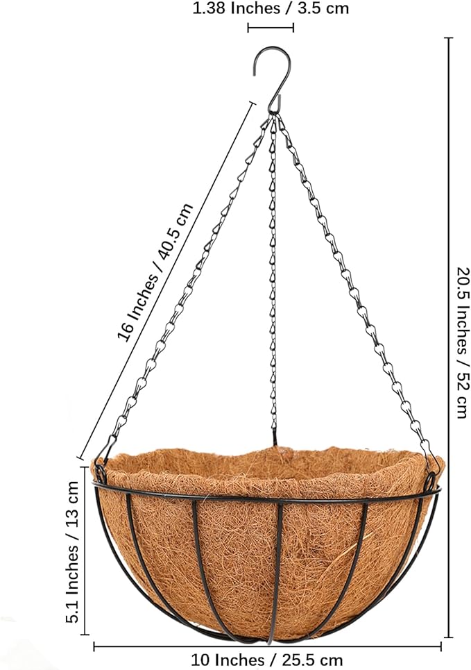 HKZ Hanging Basket Planter Plants Outdoor - 4 Pack 10 Inch Metal Hanging Planter with Coco Liners, Chain Hook Hanging Flower Pots for Indoor Outdoor Garden Porch Decoration
