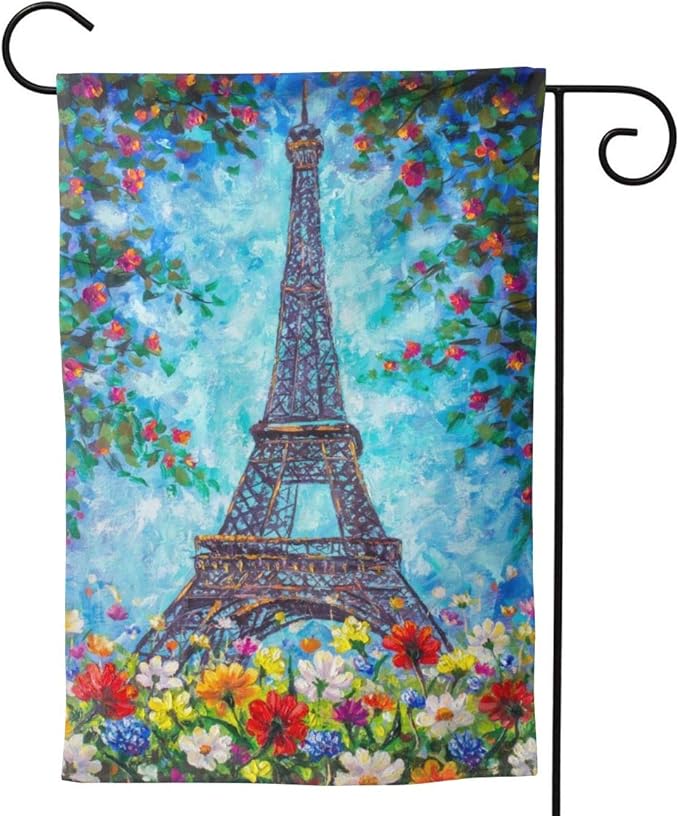 Delerain Eiffel Tower Spring Flowers Garden Flag, 28 x 40 Inch Double Sided Design Weather Resistant Indoor & Outdoor Decoration Small Banner For Home Yard Lawn Patio Office