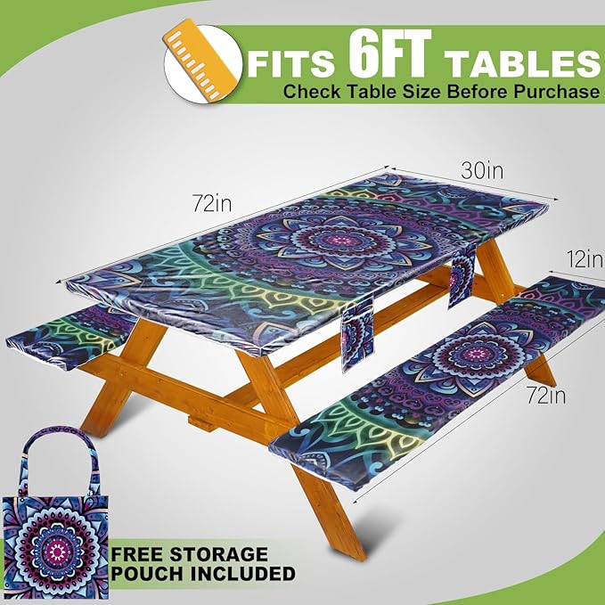 Picnic Table Cover with Bench Covers Vinyl Elastic Edges Fitted Rectangle Seat Tables Waterproof 3-Piece72X30in Set Outdoor Rectangular Folding Backing Tablecloth for Camping Over Size