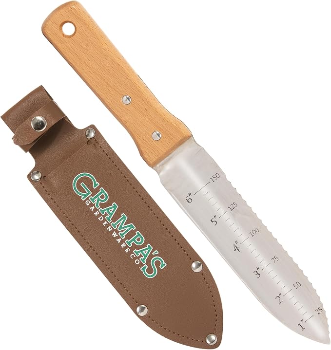 Grampa's Weeder & Garden Knife Bundle - Original Stand Up Weed Puller with Bamboo Handle & 4-Claw Steel Head + Versatile 7" Hori Hori Knife with Serrated & Straight Blade for Weeding, Digging, and Pla