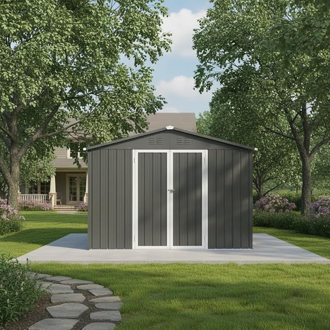 YOPTO 10x12 FT Sheds & Outdoor Storage,Metal Aluminum Garden Shed,with Punched Vents,Waterproof Cabinet w/Hinged Door and Padlock,Tool House for Storing Bicycles,Lawnmowers,Barbeques,Grey