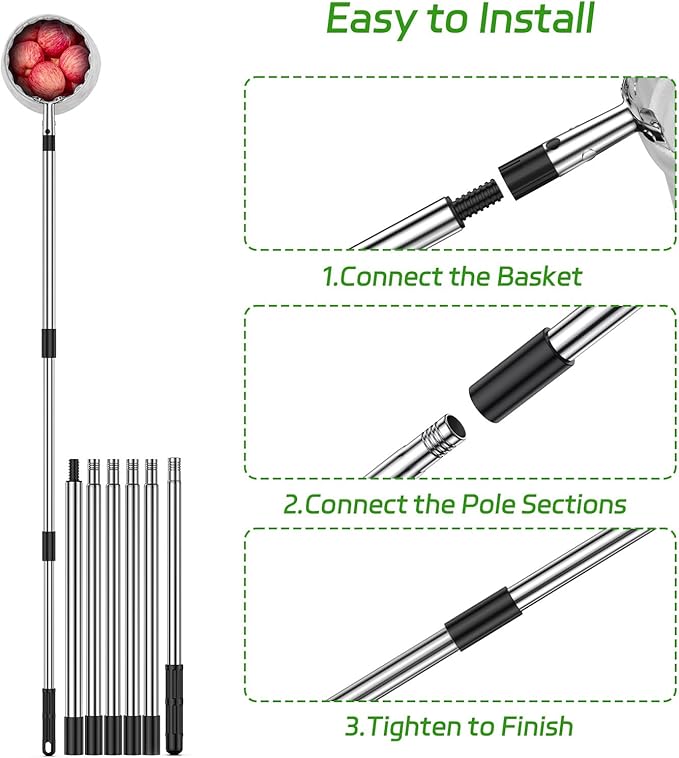 BURMONG 13.8 FT Fruit Picker Tool with Stainless Steel Pole & Soft Basket – Adjustable Tree Fruit Harvester for Apple, Mango, Avocado, Orange, Pear, Lemon & More – Lightweight & Rust-Resistant