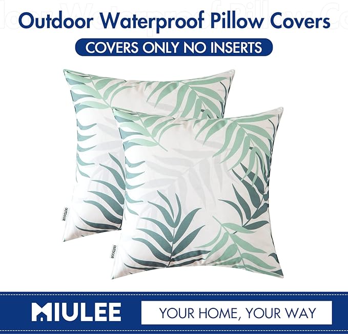 MIULEE Pack of 2 Spring Outdoor Waterproof Throw Pillow Covers Decorative Patio Pillow Cases Natural Leaves Pattern Spring Square Cushion Shams Shell for Garden Balcony Couch 18x18 Inch, Greyish Green