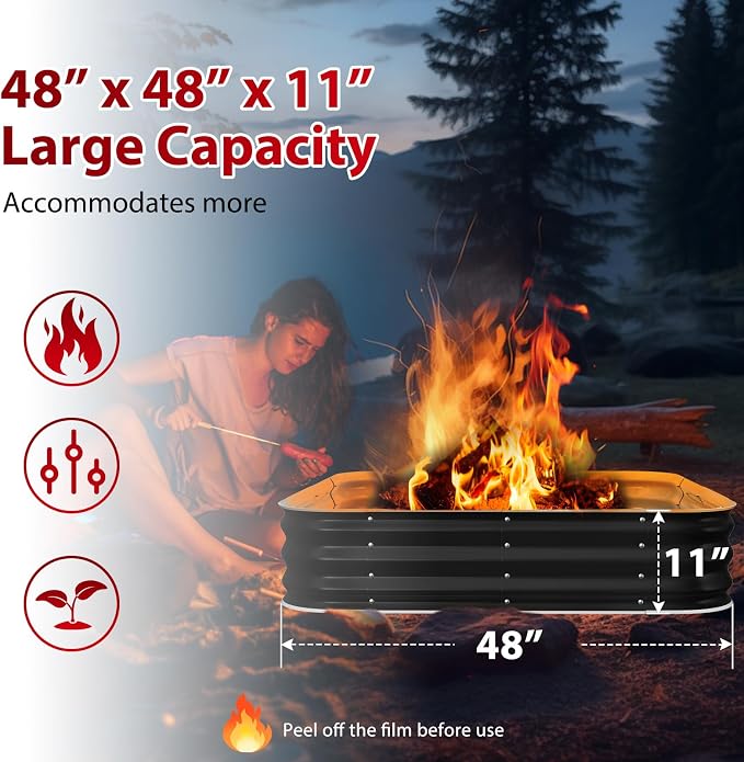 Height 11.5 Inch, Square Galvanized Steel Fire Pit for Outside, Heavy Duty Steel Fire Pit In-Ground for Backyard, Camping, Bonfire, Flower Raised Garden Bed for Garden (4X4X1 FT)