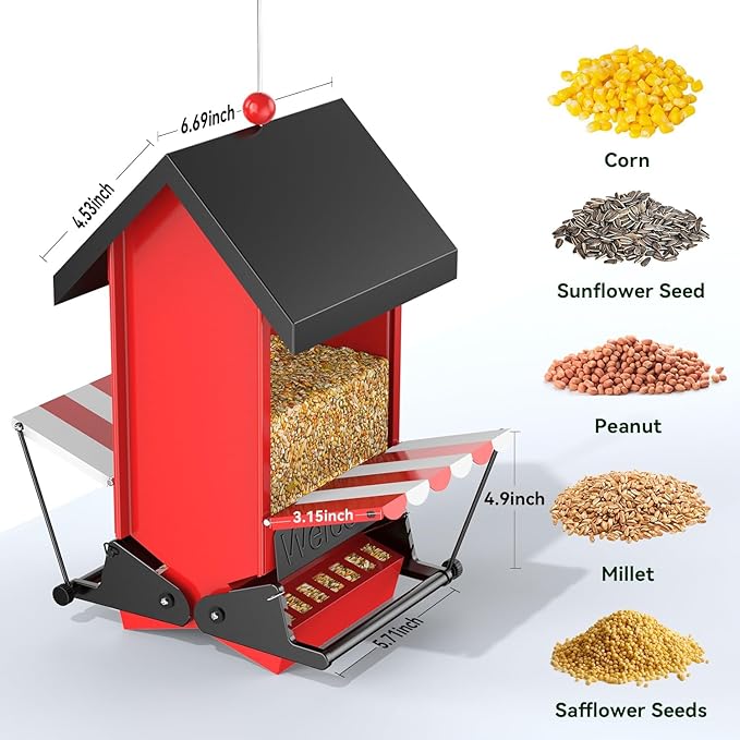 Squirrel Proof Bird Feeders,ScinDa Bird Feeders for Outdoors Hanging with Bilateral Weight-Activated Perches for Attracting Finch, Cardinal,Bluebird(Red)