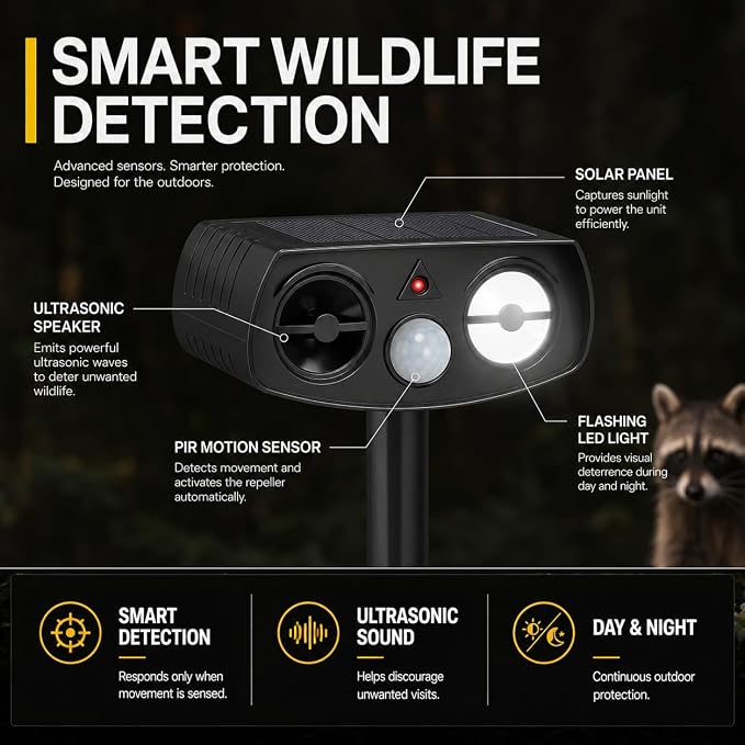 LBingbrother Solar Ultrasonic Animal Repellent Devices with Motion Detection Waterproof, Cat Repellent Outdoor Squirrel Rabbit Bird Dog Raccoon Deterrents Animal Repeller for Yard Garden Farm-Black