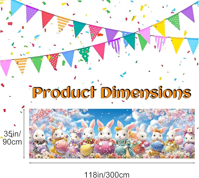 10x3 ft Extra Large Happy Easter Banner Outdoor 115''x35'' Cut Rabbit Banner for Fence Outside Garden Large Bunny Banners Yard