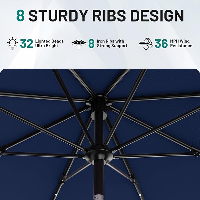 AreShark 11FT Large Patio Umbrella with Solar Lights, Lighted Solar Umbrella with Crank, Outdoor Table Market Umbrellas for Garden, Deck, Backyard, Pool and Beach, Navy