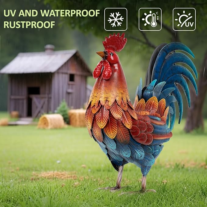 Kircust Metal Rooster Statue 13.4" Weatherproof Garden Decor | Outdoor Garden, Lifelike, Weatherproof Rustproof, Farmhouse Chicken Sculpture, Patio Yard Decor