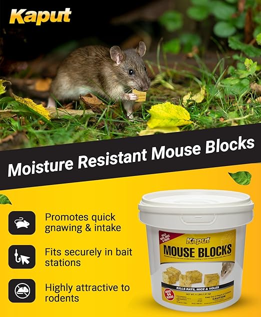 Kaput Mouse Blocks, Rodent Bait for Mice & Rats, Warfarin Vole Killer for Indoor/Perimeter Use, Kills Rodents with Consistent Feeding - Ideal for Homes, Farms & Transport Areas (4 lbs)