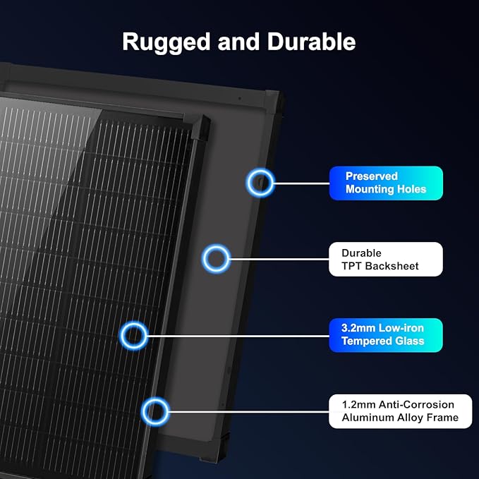 Solar Panels N-Type 16BB 50W Solar Panel, 50 Watt Solar Panel 18V A+ Monocrystalline Cell 25% High Efficiency, for RV Van Marine Home Rooftop Off-Grid Systems (22.8" x 20.3", Single Black)