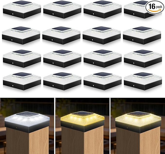 4x4 Solar Post Cap Lights 16 Pack, 3 Color Modes & 2 Brightness, IP67 Waterproof Fence Lights with Auto On/Off, 12-20H Runtime, No Wiring Needed for Outdoor Garden Yard