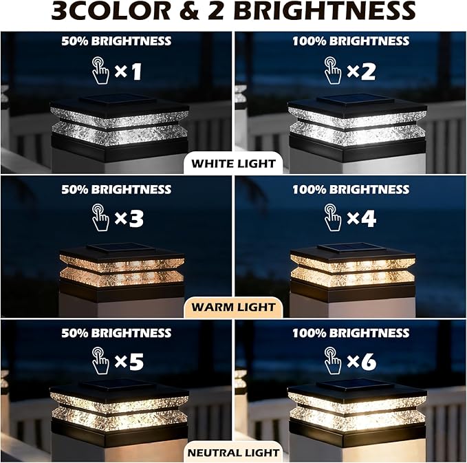 Solar Post Cap Lights, 6 Pack Deck Fence Cap Light for 4x4 5x5 Wood/Vinyl Posts, 3 Color Modes, LED Deck Post Lights Solar Powered Waterproof, for Patio Porch Garden Decoration, Black