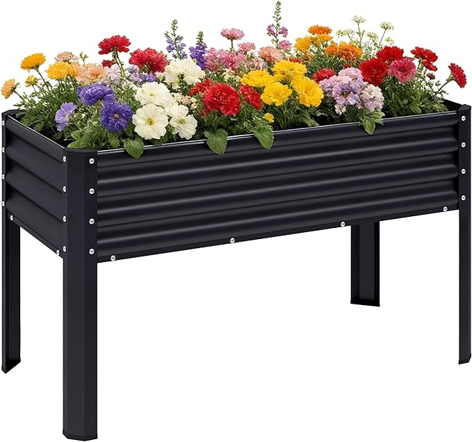 Galvanized Raised Garden Bed with Legs, 43×24×32in Large Metal Elevated Raised Planter Box with Drainage Holes for Backyard, Patio, Balcony, 400lb Capacity,Black