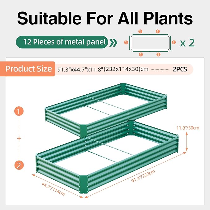 8x4x1ft(2 Pack) Galvanized Raised Garden Bed,Outdoor Planter Box Metal Patio Kit Planting Bed for Vegetables,Flowers, Green