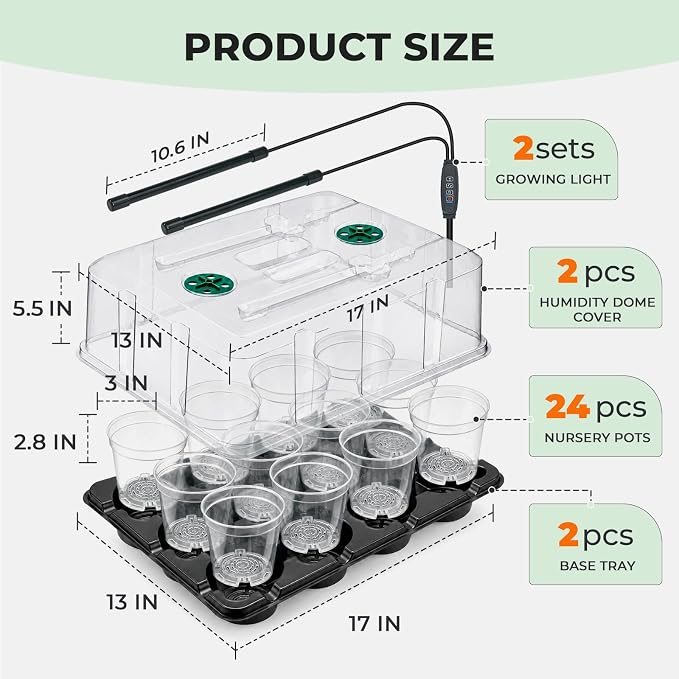 homenote 4 Inch Seed Starter Trays 2 Pack, 12-Cell | With Grow Light, Humidity Dome, 24 Pcs 4" Nursery Pots, Plastic Germination Kit