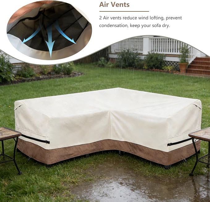 okcool Outdoor Sectional Cover,V-Shaped Patio Furniture Covers for 7-Seater Outdoor Sectional Furniture Couch（105''X105''）,Beige & Brown