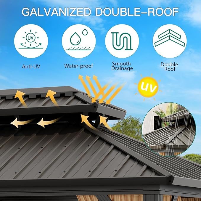 12 x 20 ft Hardtop Gazebo, Heavy Duty Galvanized Aluminum Frame Double Roof Outdoor Pavilion, Faux Wood Grain Metal Roof Gazebo with Netting & Privacy Curtains, Brown Patio Canopy Shelter for Backyard