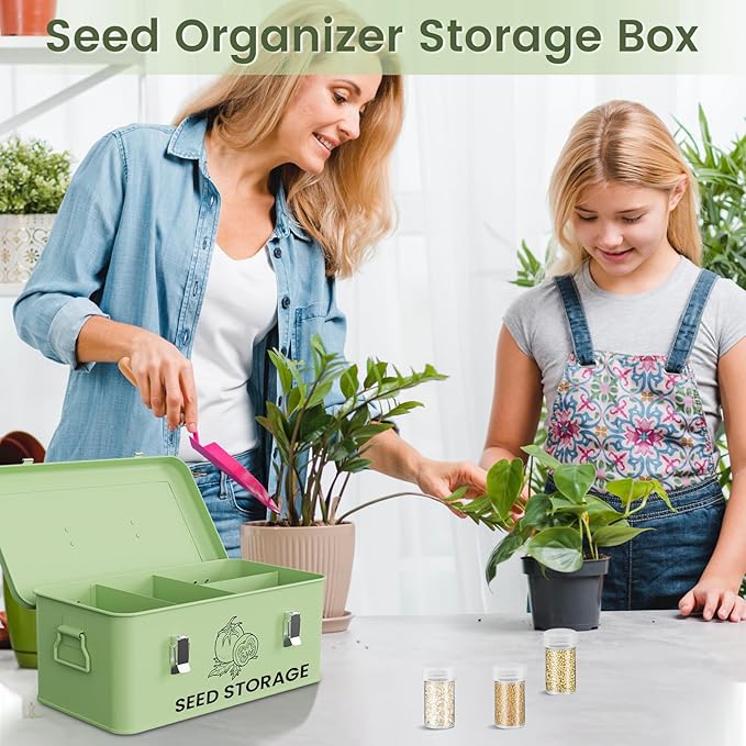 Seed Storage Organizer Box, Metal Seed Box, Garden Seed Organizer with Lid, Seed Containers Storage with 4 Compartments, 30 Seed Holder Organizers, 100pcs Seed Envelopes (Green)