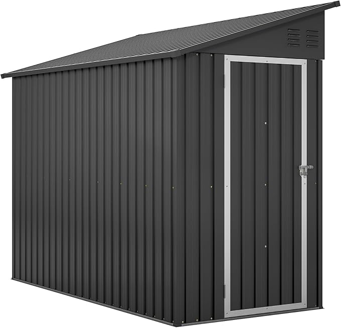 YOPTO 4×8 FT Lean to Metal Shed,Outdoor Heavy-Duty Storage Shed with Floor Base,All Weather Waterproof Garden Tool House W/Lockable Door&2 Air Vent,Reversible Door Design,for Backyard,Patio,Lawn,Black