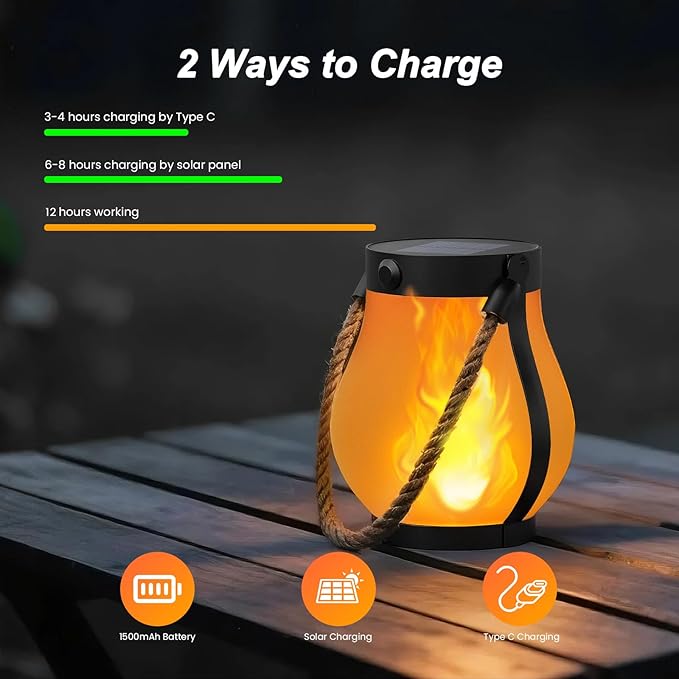 Hompavo Gen2 Solar Lanterns Outdoor with Ultra-Real Flame, Dual Charging (USB/Solar) & 2 Mode - Waterproof Decorative Hanging/Table Lights for Yard Patio Garden Birthday Mothers Day Gifts for Women, 4