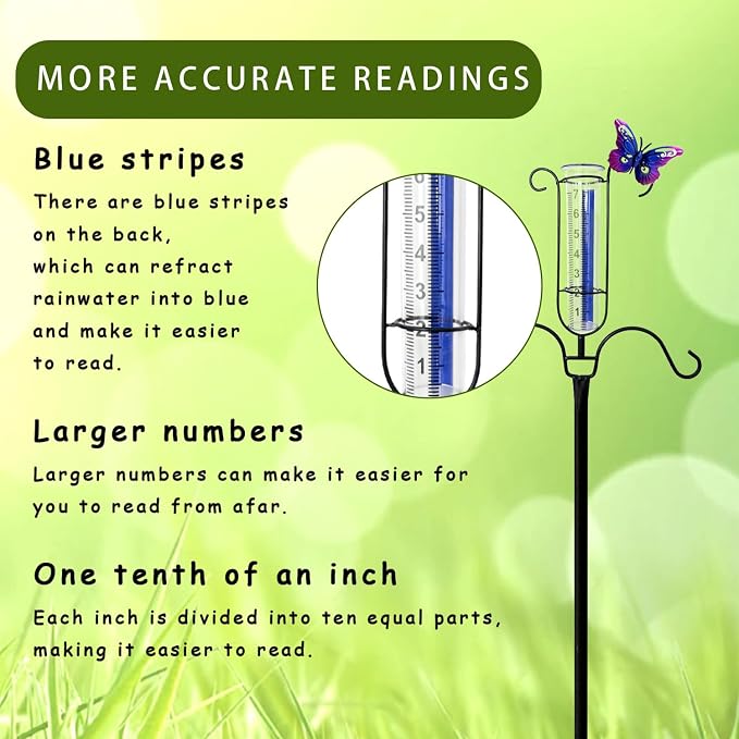 61" Shepherds Hook with Rain Gauge Outdoor, 3/4 Inch Thick Bird Feeder Pole with 5-Prong Base, Metal Rain Gauge Stake with Blue Stripe & Large Numbers, Tall Shepherds Hooks for Yard Garden Decor