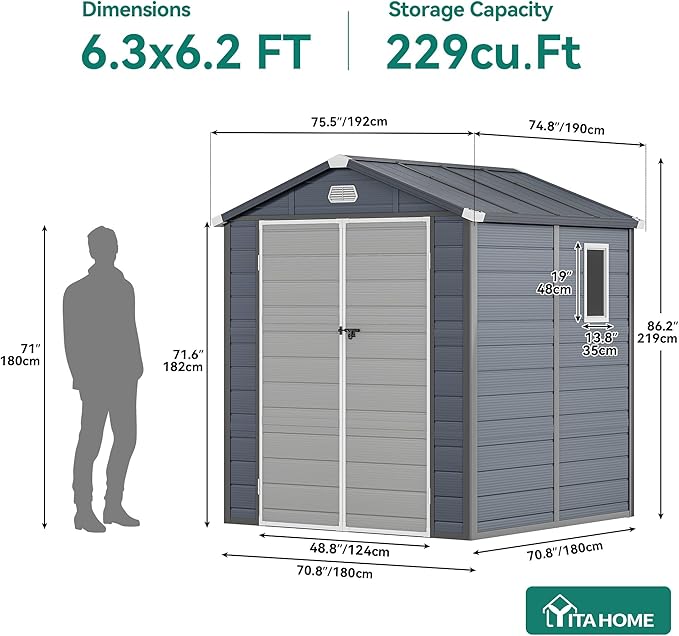 YITAHOME 6x6FT Resin Storage Unit sans Flooring, All-Weather Plastic Shed with Window, Vents and Secured Doors, Outdoor Plastic Tool Cabin for Poolside, Lawn, Backyard, Patio, Dark Gray