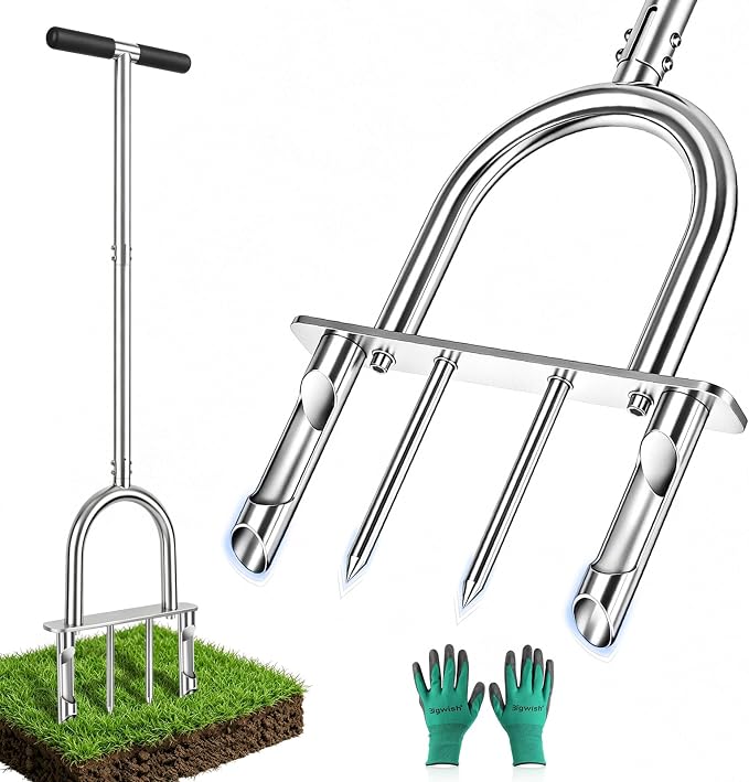 Bigwish Manual Lawn Core Aerator Tool with 2 Hollow Tines & 2 Spikes, Adjustable Semi-Assembled Plug Aerator, Stainless Steel Grass Aerator for Lawn Care, Garden & Yard, Relieves Compacted Soil