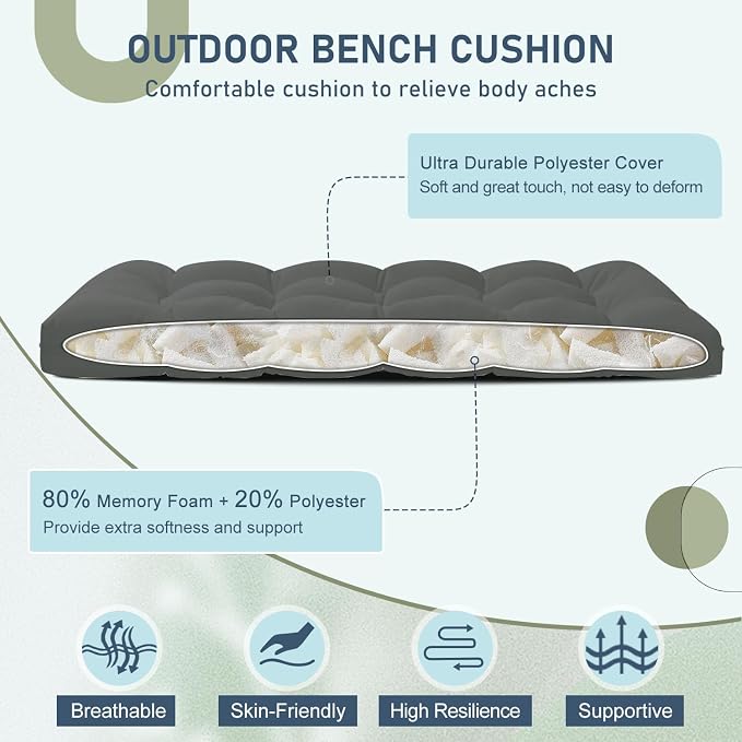 downluxe Outdoor Bench Cushion for Patio Furniture, Water Resistant Tufted Overstuffed Porch Swing Cushions, Thick Outdoor Loveseat Cushions, 44" X 19" X 5", Dark Grey, Set of 1