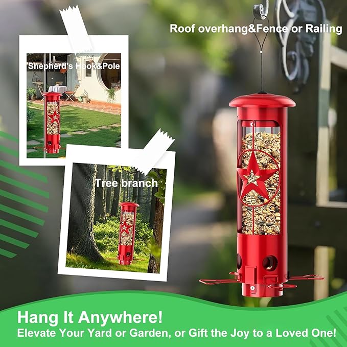 Squirrel Proof Bird Feeders for Outdoors with Weight-Activated, 3LB Large Metal Wild Bird Feeders for Cardinals,Blue Jay,Finch, Weatherproof Durable Tube Hanging Bird Feeder for Backyard,Garden,Patio